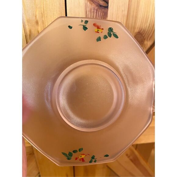 Vtg Pink Depression Frosted Glass Flower Hand Painted 2 Handle Dish 8.75” - Picture 8 of 8